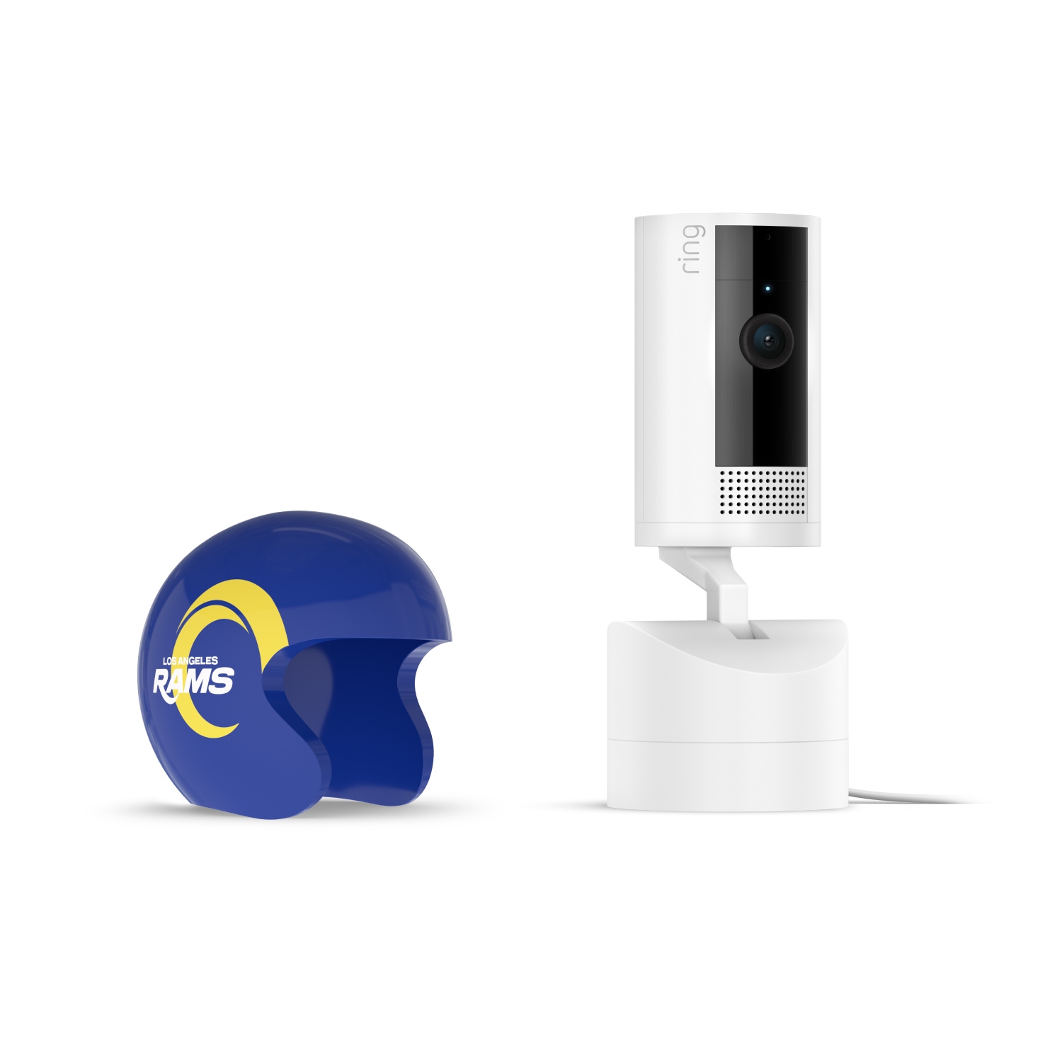 Pan-Tilt Indoor Cam, White + NFL Game Day Cam Cover — NFC - White Ring indoor camera on stand beside a blue Los Angeles Rams mini helmet shell with yellow ram horn logo on a white background.