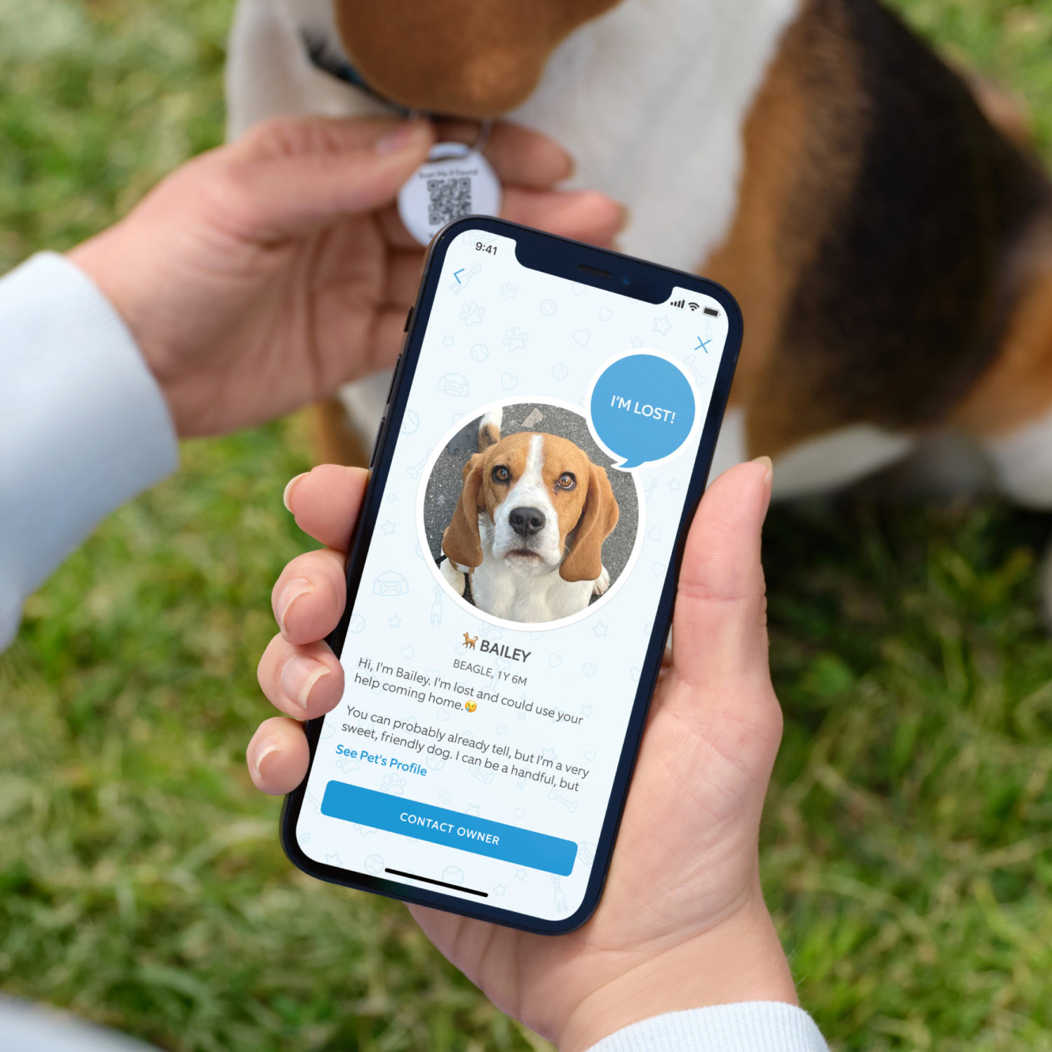 Pet Enhanced Kit (Pan Tilt Indoor Cam with Pet Tag) - Person view lost dog alert for beagle named Bailey, with Ring Pet Tag QR code visible on dog's collar in background.