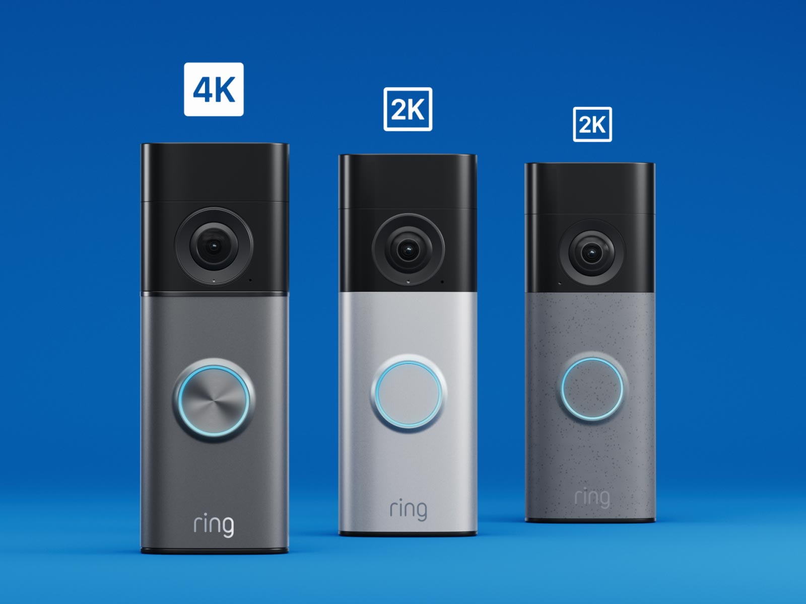 Three Ring doorbell cameras in different finishes against blue background, labeled with 4K and 2K resolution indicators.