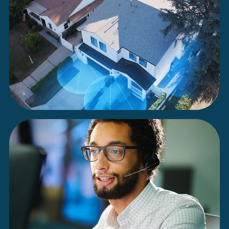 Security professional with headset, a Ring Virtual Security Guard alert, and an aerial view of home with security zones.