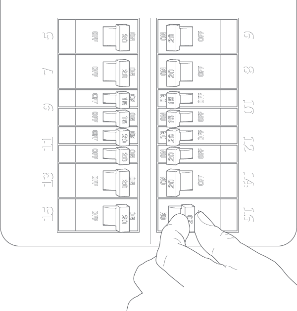 Illustration of a breaker box with a hand on one of the switches showing how to turn off the power.