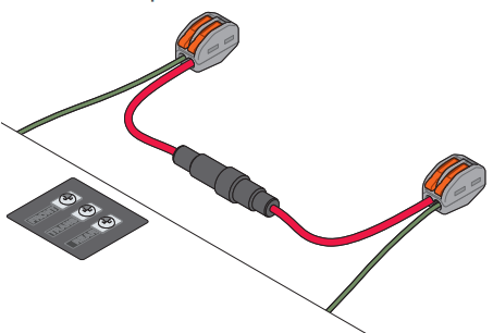 Illustration of a Pro Power Cable with a red wire and a green wire inserted into the orange clips, showing the setup for bypassing the existing doorbell chime.