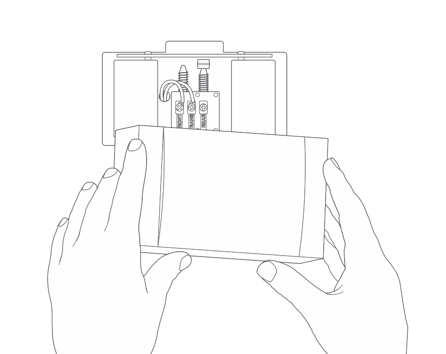 Illustration of an internal doorbell chime with two hands holding the cover, showing replacing the cover on the internal doorbell chime.