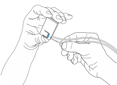 Illustration of hands holding a Pro Power Kit V2 and inserting the doorbell wires into the ‘Bypass Mode’ holes until they lock into place.