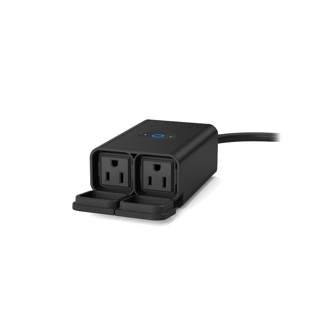 Outdoor Smart Plug - Black Ring Outdoor Smart Plug with two covered outlets and a circular button on top.