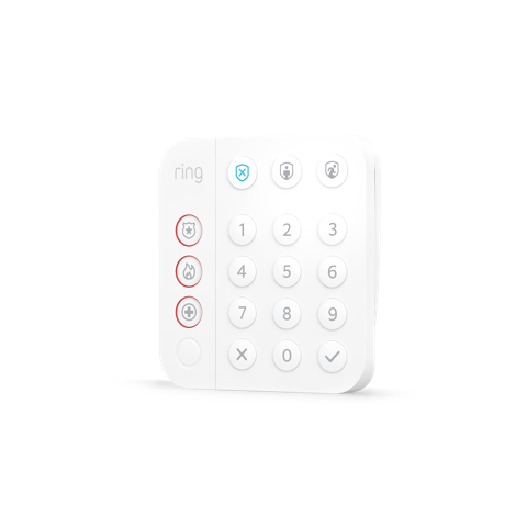 8-Piece Alarm Security Kit + Schlage Connect Smart Deadbolt (for 2nd Generation) - White Ring Alarm Keypad with number buttons, emergency icons, and control buttons.
