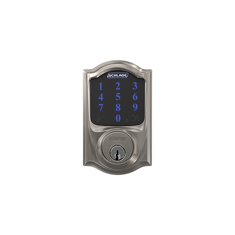 8-Piece Alarm Security Kit + Schlage Connect Smart Deadbolt (for 2nd Generation) - Schlage Connect Smart Deadbolt in satin nickel finish with illuminated blue touchscreen keypad and keyhole.